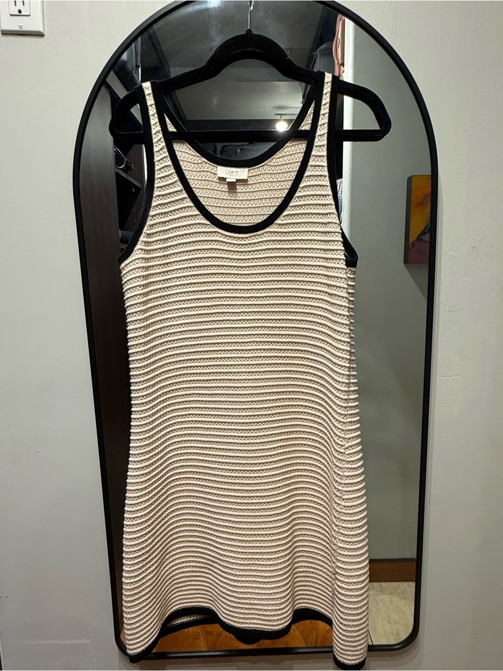 LOFT Black-Trim Cream Striped Knit Tank Dress